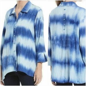Ali Miles Coastal Blue Crinkle Button Front Back Oversized Tunic Top SZ Small